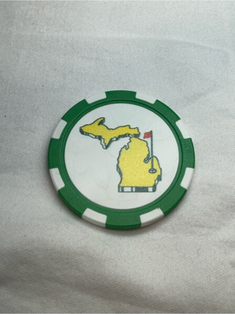 Green and White Poker Chip Golf Ball Marker with Yellow Michigan